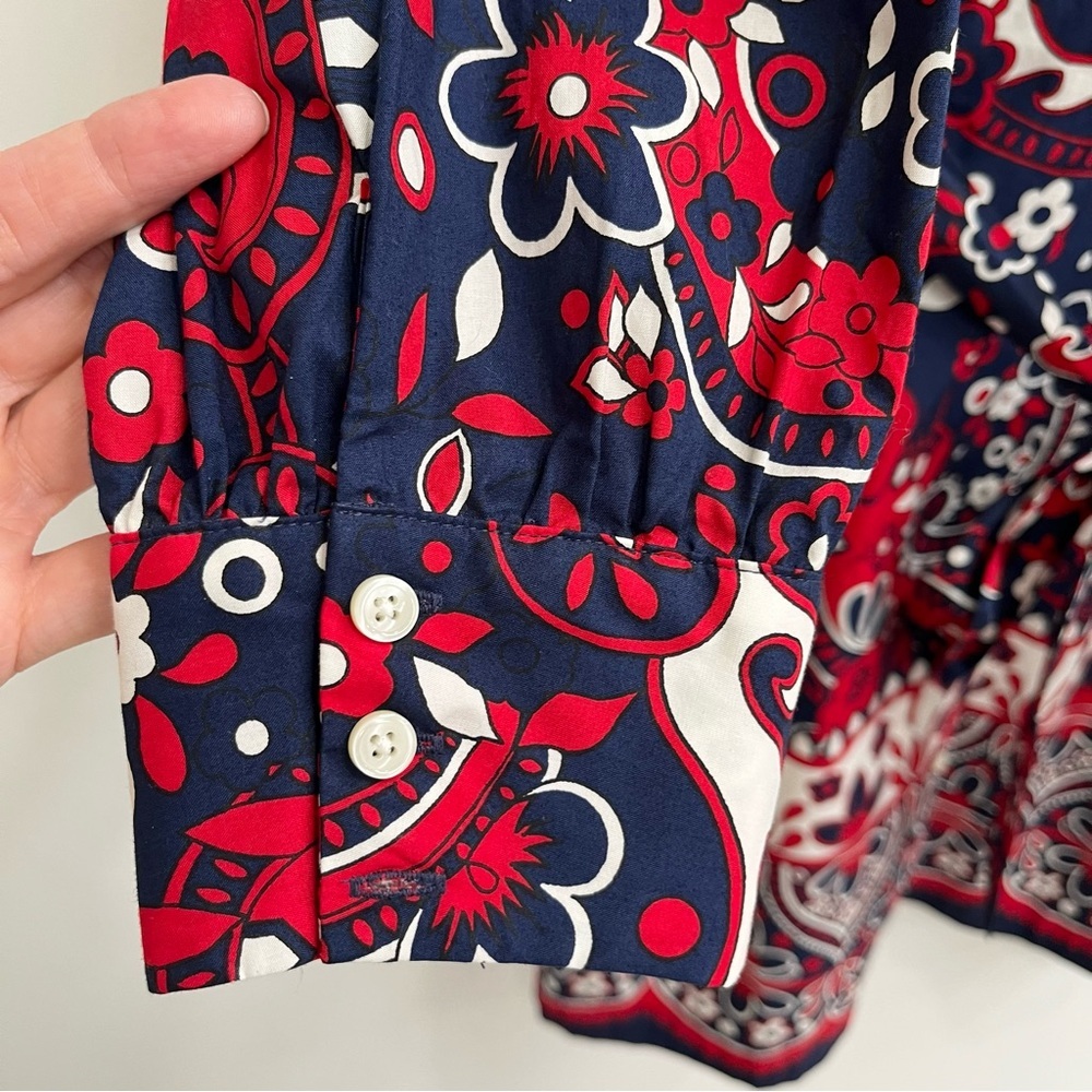 Talbots Picnic Paisley Poplin Shirtdress Navy Blue Red Belted Long Sleeve 16P - Picture 8 of 13
